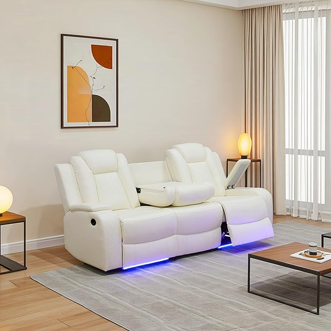 Breathing Leather Power Recliner Sofa Set, 2 Piece Leather Couch and Recliner Chair Set, Living Room Furniture Set with USB Charging/LED Lights (Creamy White, Sofa+Chair)