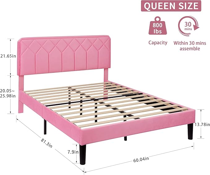 VECELO Queen Size Bed Frame Premium Velvet Upholstered Platform with Height Adjustable Headboard/Mattress Foundation, Solid Wooden Slat Support, No Box Spring Needed/Easy Assembly