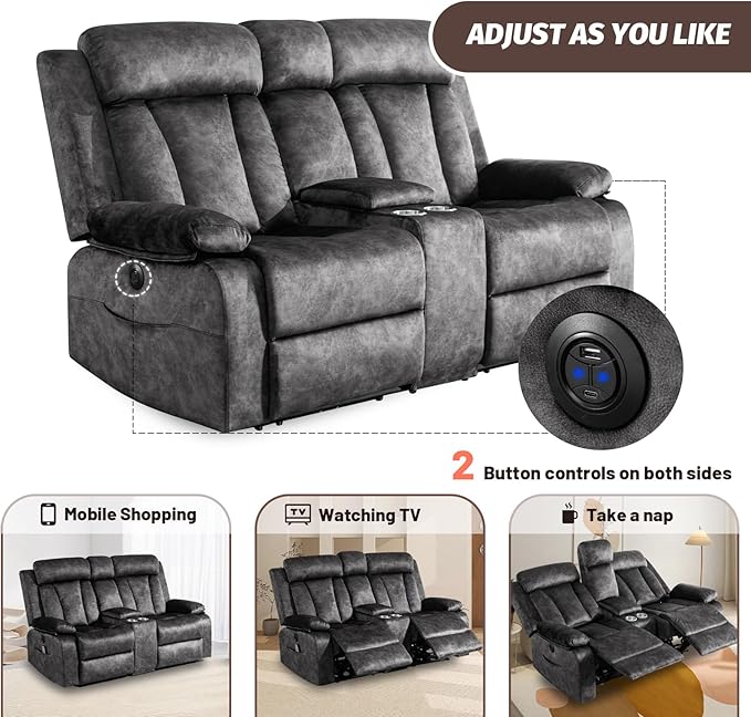 Power Reclining Loveseat with Console, Loveseat Recliner Sofa with Massage & Heat, Perfect Electric Couch for Living Room (Gray)