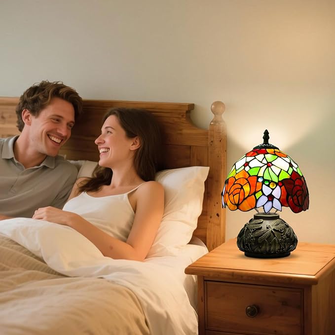 Small Tiffany Table Lamp,Stained Glass Lamp,8 Inch Mushroom Style Mini Vintage Desk Lights for Bedside, Bedroom,Nightstand,Living Room,3 Color Temperature (Tow Tone Rose)