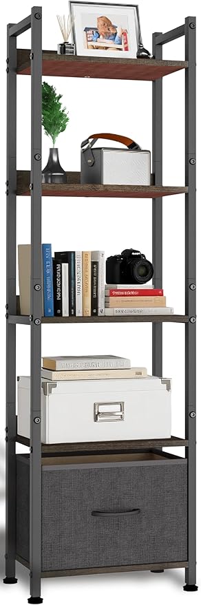 Whitmor 5-Tier Bookshelf with Drawer, Modern Display Bookcase with Wood Shelves & Metal Frame, Narrow Standing Storage Organizer for Living Room, Bedroom, Home Office, Black