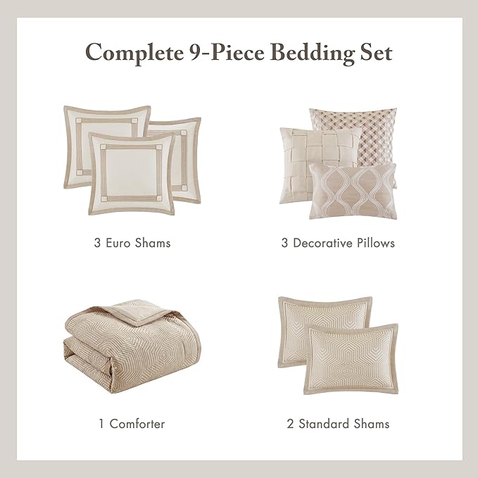 Madison Park Signature King Luxury Jacquard Comforter Set, Removable Duvet Cover with Insert, Oversized Overfilled Bedding, Hand-Guided Embroidered Texture Accents, Geometric Ivory, 9-Piece