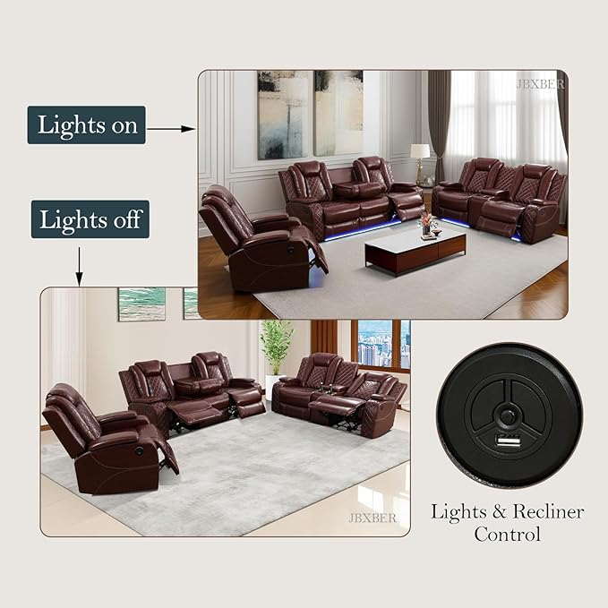 Power Recliner Sofa Set for Living Room, Leather Power Reclining Sofa Sets with LED Lights, Console Storage, Recliner Couch with USB Port(Sofa, Loveseat and Chair,Red)