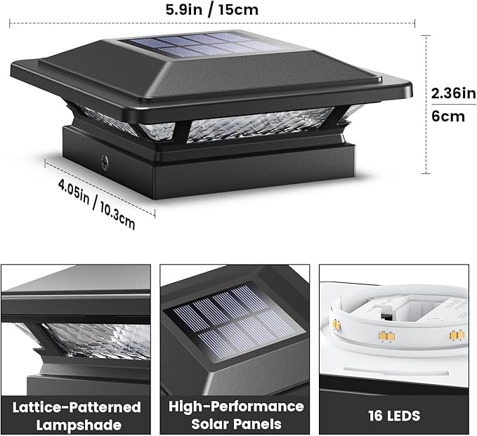 SIEDiNLAR 4x4 Solar Post Cap Lights 16 LEDs 2 Modes 3.5x3.5 4x4 Wooden Vinyl Post Light Waterproof Outdoor for Deck Fence Patio Garden Decor, Warm/Cool White (6 Pack, Black)