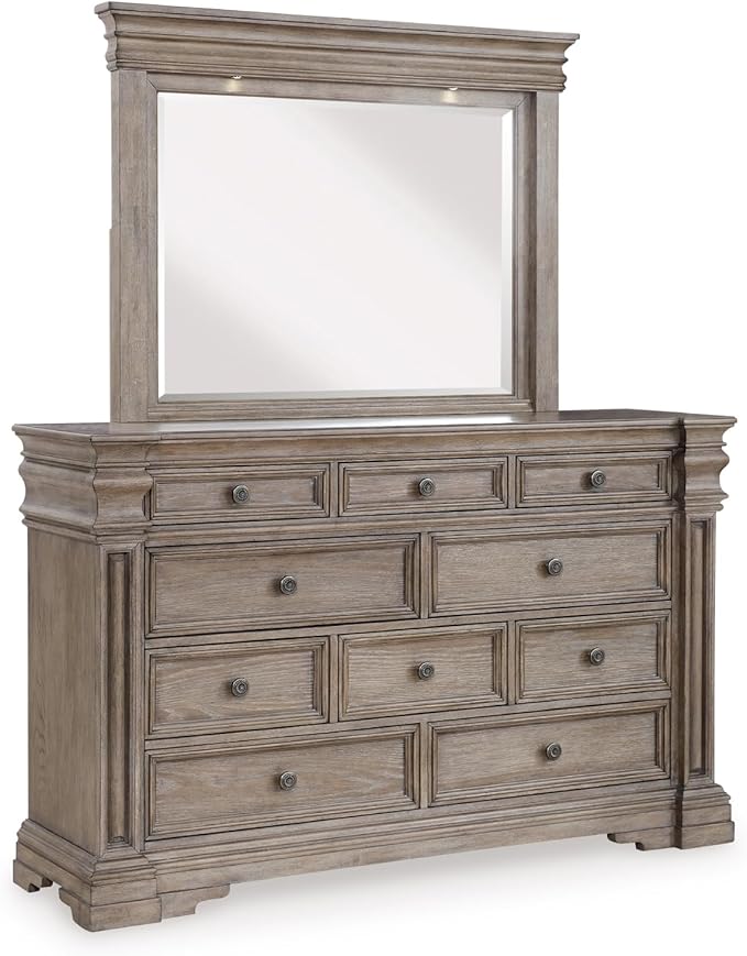 Signature Design by Ashley Blairhurst Traditional 10-Drawer Dresser and Mirror with Safety Stop, Felt-Lined Top Drawer and LED Lights, Light Brown