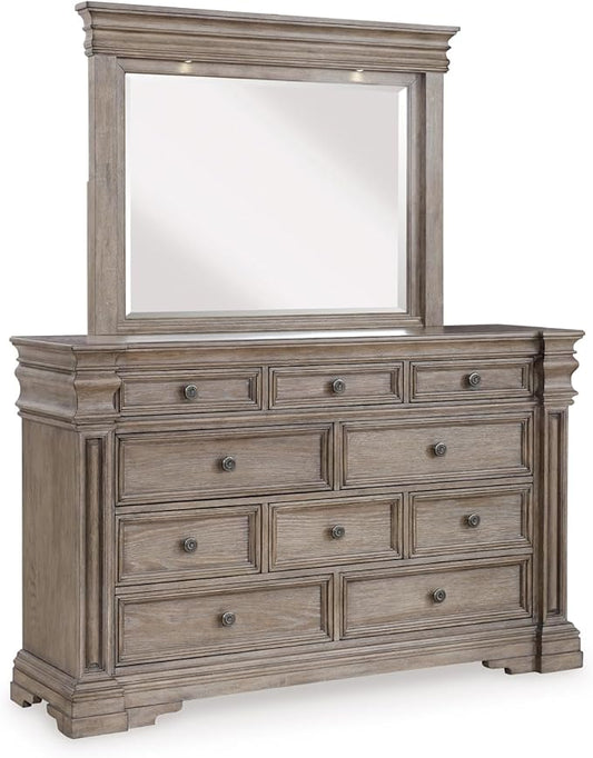 Signature Design by Ashley Blairhurst Traditional 10-Drawer Dresser and Mirror with Safety Stop, Felt-Lined Top Drawer and LED Lights, Light Brown