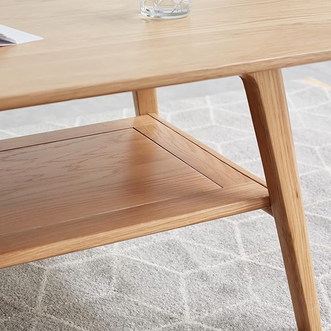 Ball & Cast 39.37" Solid Wood Coffee Table, Mid Century Center Table with Shelf Storage, 2-Tier Small Coffee Table with Rounded Edges for Living Room, Easy to Assemble,Oak
