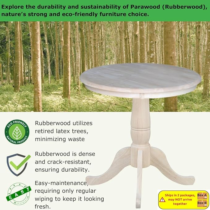 IC International Concepts, 30" Round Top Pedestal Dining Table, Solid Real Wood, Sturdy Parawood, Dimensions 30" D x 30" W x 28.8" H, Paint/Stain Ready, Unfinished
