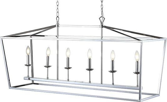 JONATHAN Y 49" Chrome Lantern Pendant Light, 1-Light Pagoda Style Metal Cage Farmhouse Hanging Ceiling Fixture for Kitchen Island, LED Bulb Included (JYL7439C)