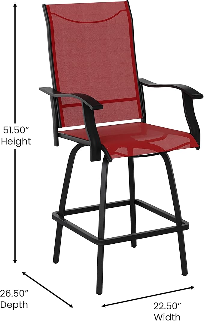 Flash Furniture Valerie Patio Bar Height Stools Set of 2, All-Weather Textilene Swivel Patio Stools with High Back & Armrests in Red