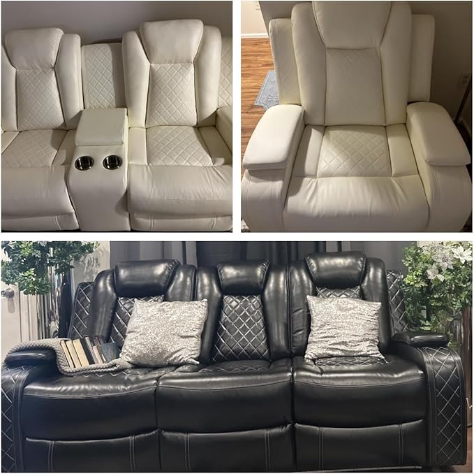 Leather Power Recliner Sofa Set with LED, Living Room Furniture Set, Leather Sofa Set with USB Port Storage Console Cup Holder for Office Living Room Home (Cream White Standard Version 2 Cup Holders)