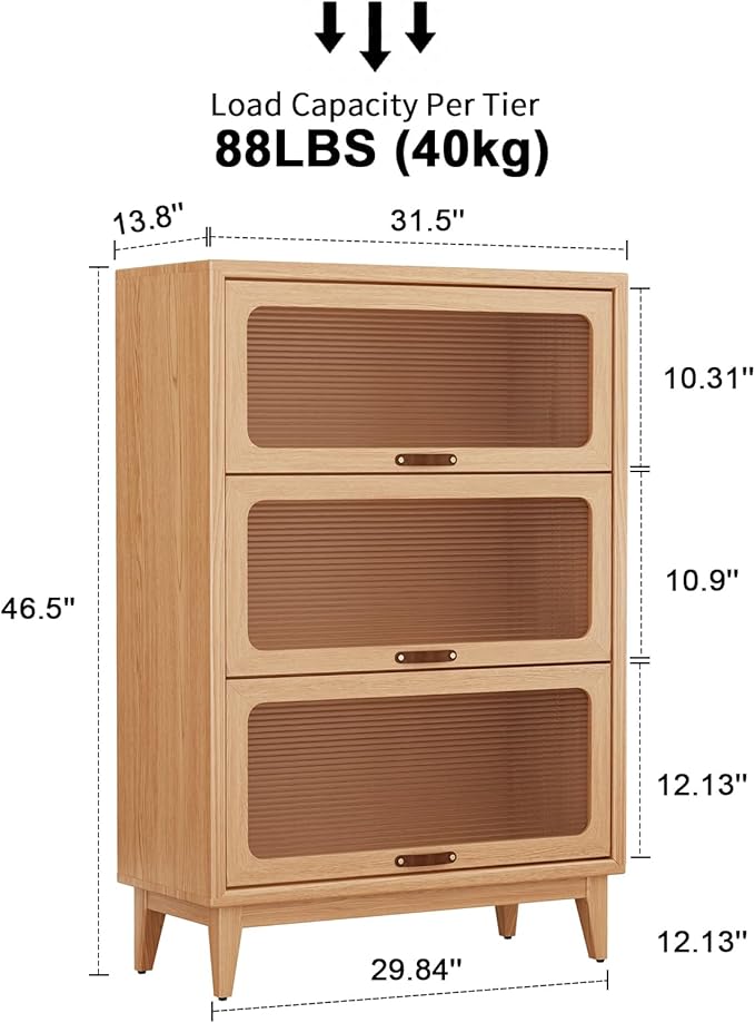AQIMUELE Solid Wood Bookcase with Glass Doors, 3 Shelf Bookshelves and Bookcases, Mid Century Modern Bookshelf with Glass Doors, Kitchen Pantry Cabinet (Natural, 31.5" W)