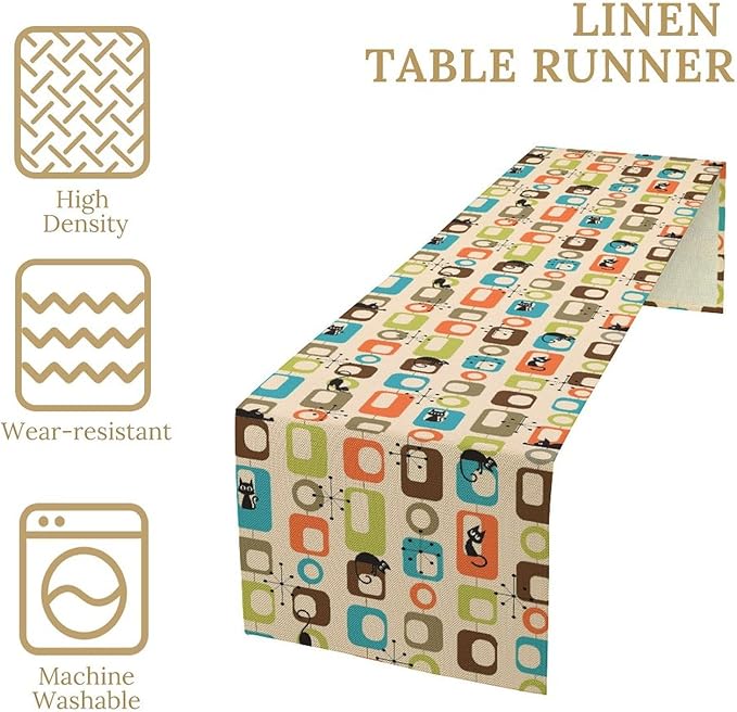 Mid Century Black Cat Table Runne Modern Absctract Geometric Atomic Pattern Funny Cat Dining Table Decoration for Kitchen Dining Room Holiday Party Decor 13x60in