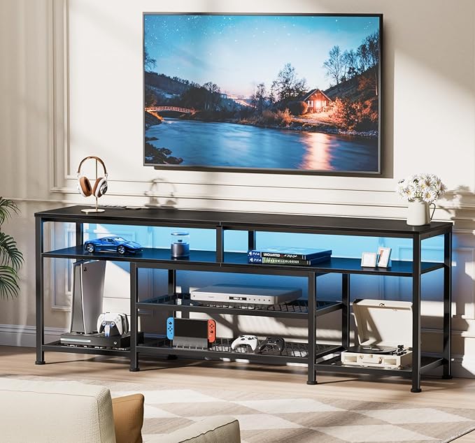 Furologee TV Stand with Power Outlets and LED Lights, 63 Inch Entertainment Center for 60 65 70 Inch TVs, Media Console Table with Open Shelves, for Bedroom, Living Room, Black