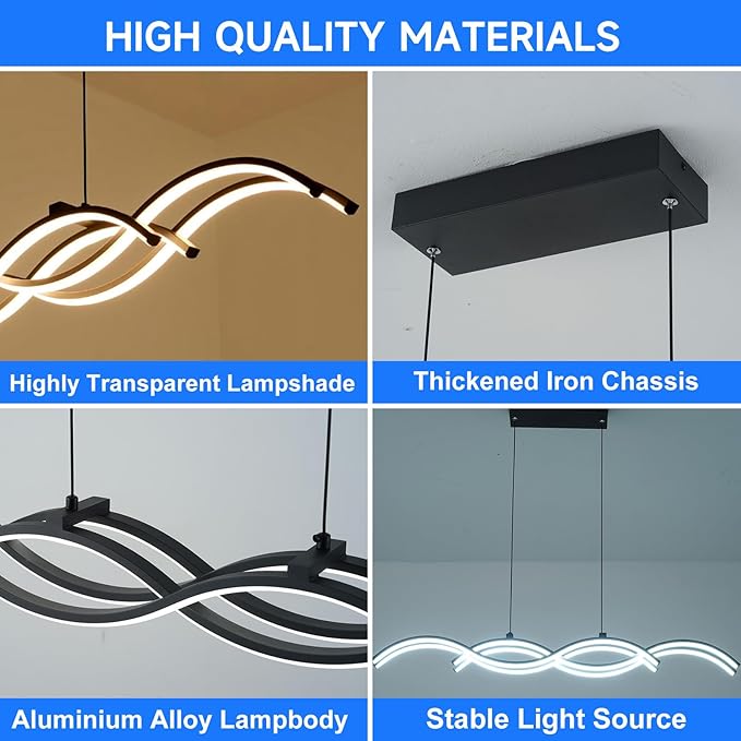 Modern LED Pendant Lights, Dimmable 39in Linear Wave LED Chandelier Lighting, Black Dining Room Hanging Light Fixtures Kitchen Island Linear Pendant Light for Dining Table (4200lm,Upgraded)