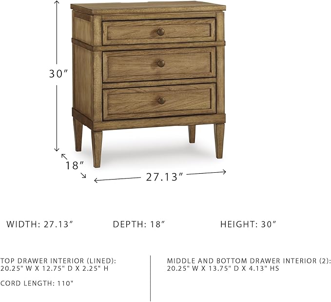 Signature Design by Ashley Sharlance Casual 3-Drawer Nightstand with Felt-Lined Top Drawer, Power Supply and USB Ports for Bedroom, Light Brown