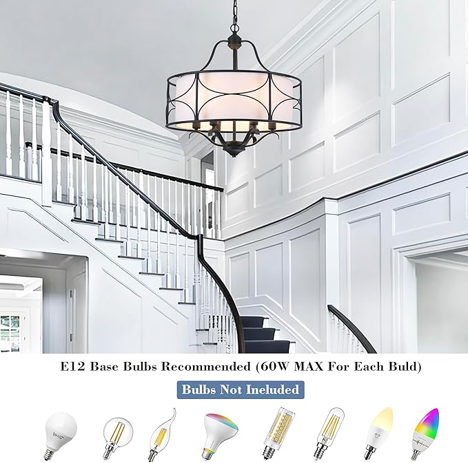 20" Large Black Drum Chandelier - 6 Lights Adjustable Height Modern Farmhouse Pendant Light Fixtures with White Fabric Shade for Kitchen Island Vintage Foyer Entryway Living Room Bedroom