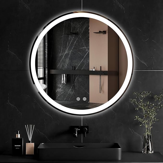 Simple Deluxe Round LED Bathroom Mirror with Lights, Smart Anti-Fog LED Bathroom Mirror with Circular Dual Lights and 3-Color Temperature Memory dimming (30inch)