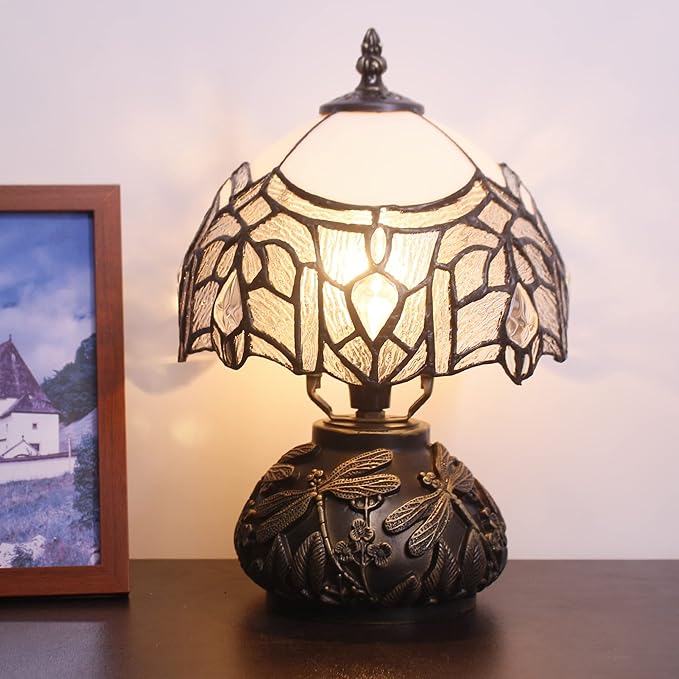 Small Tiffany Lamp Mini Stained Glass Table Lamp White Bending Style Mushroom Desk Light Memory Sympathy Lamp 8X11 Inch