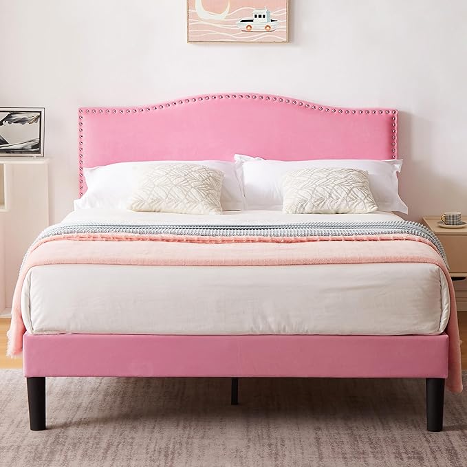 VECELO Queen Bed Frame, Platform Bed Frame with Adjustable Height Upholstered Headboard, Heavy-Duty Frame and Strong Wooden Slats Support, Non-Slip and Noise-Free, Easy Assembly, Pink