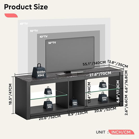 Bestier LED Gaming TV Stand for 55 Inch TV, Entertainment Center with Adjustable Glass Shelves, Modern TV Console for Living Room & Bedroom, Black Marble