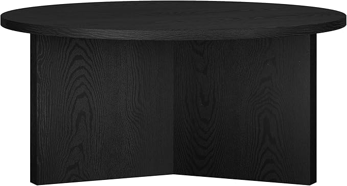 Henn&Hart 36" Round Wood Pedestal Coffee Table for Living Room, Family Room, Office, or Apartment, Natural Black
