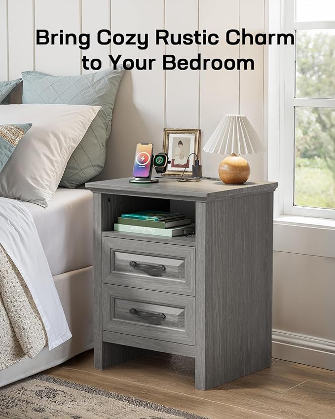Marsail Nightstand Set of 2, Night Stand with Charging Station, Farmhouse Bedside Table with 2 Drawers, Open Shelf, Rustic End Table Storage Cabinet for Bedroom, Dark Gray
