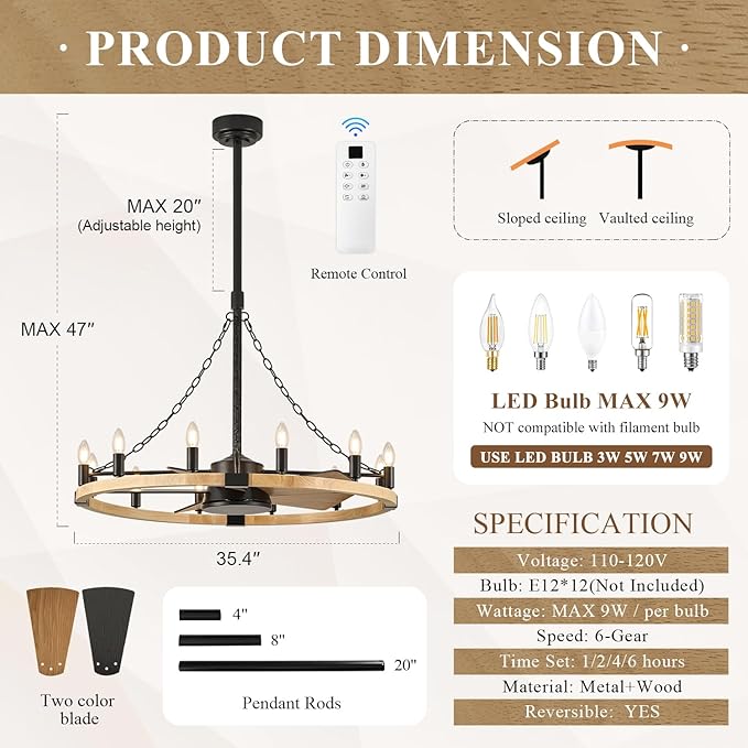 Natural Farmhouse Wood Wagon Wheel Chandelier Fans with 12 Lights and Remote, Rustic Wooden Ceiling Fan Light 36in Fandelier for Bedroom Dining Room Kitchen Living Room