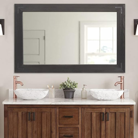 YOSHOOT Rustic Wooden Framed Wall Mirror, Natural Wood Bathroom Vanity Mirror for Farmhouse Decor, Vertical or Horizontal Hanging, 60" x 30", Black