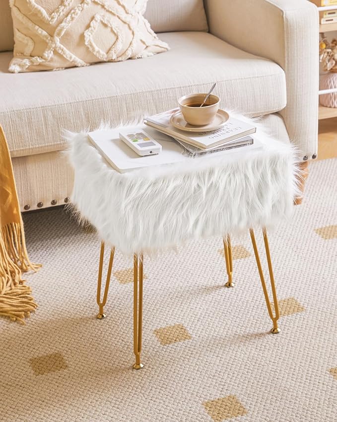 IBUYKE Rectangular Faux Fur Vanity Stool with Storage, Furry Makeup Chair Ottoman, Soft Padded Seat, Round Footrest Footstools with 4 Metal Legs, for Living Room Bedroom Entryway, White WBD022W