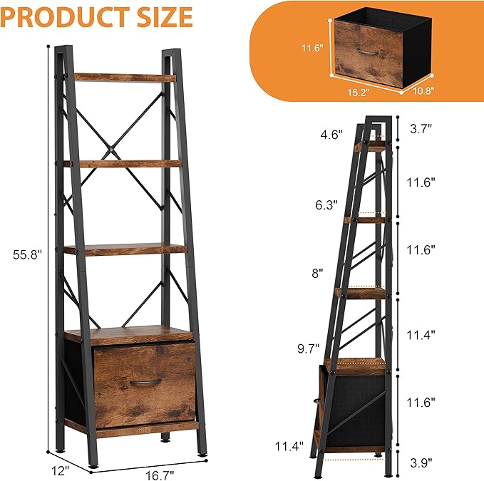 Shintenchi 5 Tier Ladder Bookshelf with Drawer, Tall Modern Corner Bookshelves, Narrow Book Shelf with Storage for CDs/Books/Movies, Bookcase for Room/Home/Office, Rustic Brown