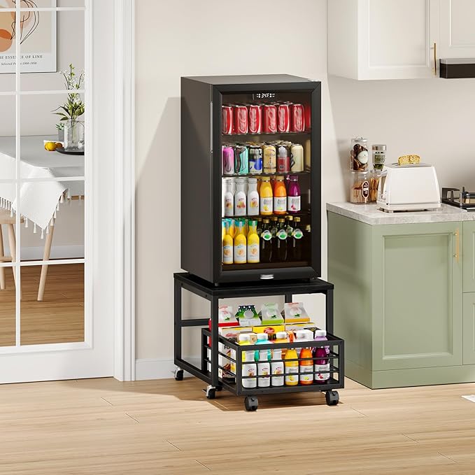 HOOBRO Mini Fridge Stand with Movable Storage Basket, Mini Fridge Cabinet with Wheels and Adjustable Feet, Sturdy Metal Frame, for Home, Apartment, Office, Black BB155TL01