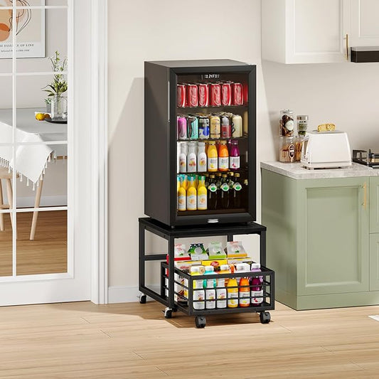 HOOBRO Mini Fridge Stand with Movable Storage Basket, Mini Fridge Cabinet with Wheels and Adjustable Feet, Sturdy Metal Frame, for Home, Apartment, Office, Black BB155TL01