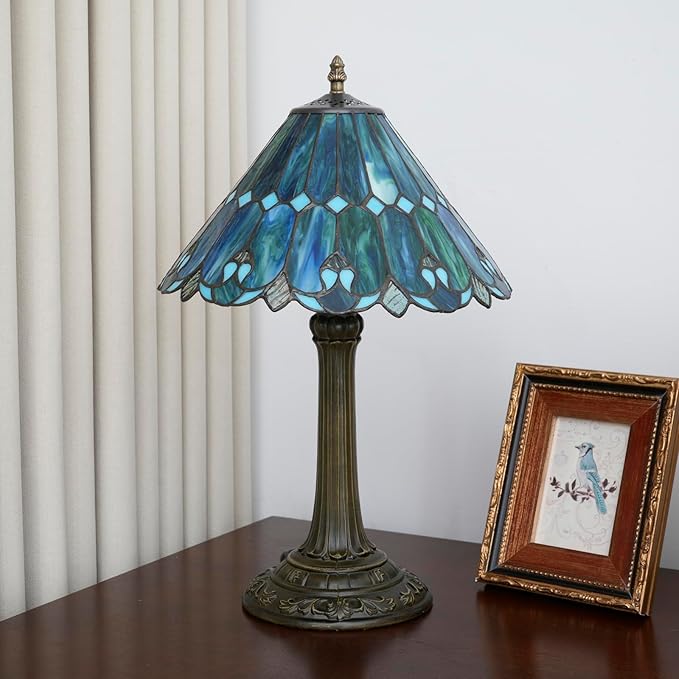 Tiffany Lamp Stained Glass lamp 12x12x18 Inches Bedside Table Lamp for Living Room Bedroom Dorm Kitchen Home Decor Festival Birthday Gift,Sea Blue