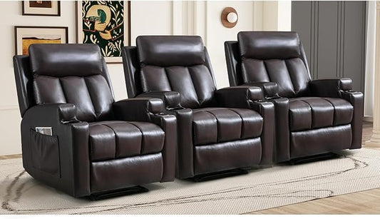 CANMOV Manual Massage Heat Recliner Chair Set of 3,Breathable Leather Recliner Chair with Armrest and Backrest, Manual Reclining Single Sofa with 2 Cup Holders, Side Pocket for Living Room,Dark Brown