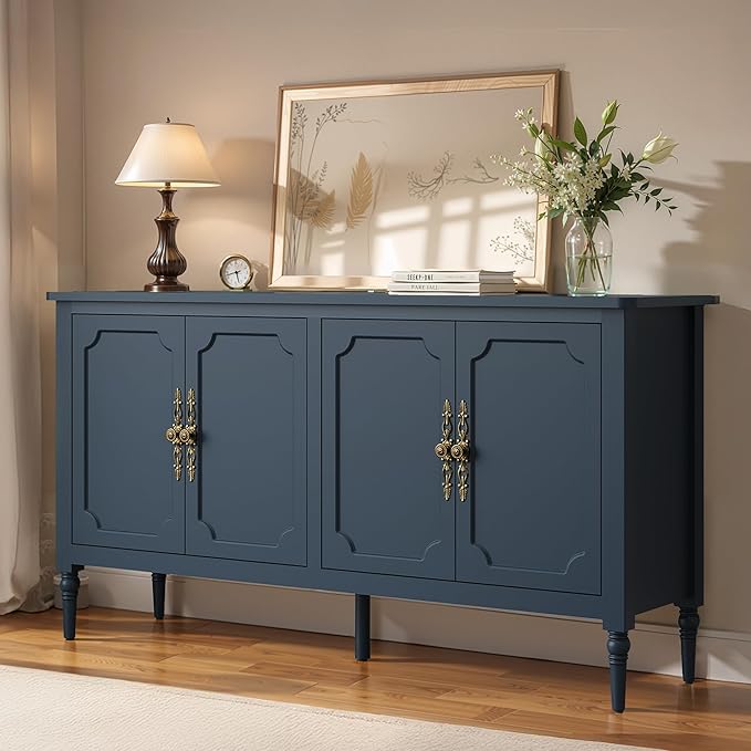 Console Table, 58'' Mid Century Modern Pantry Cabinet, Wood Buffet Sideboard, Media Credenza with 4 Doors, Accent Storage for Entryway, Living Room, Bedroom, Dining Room(Coastal Blue-1)