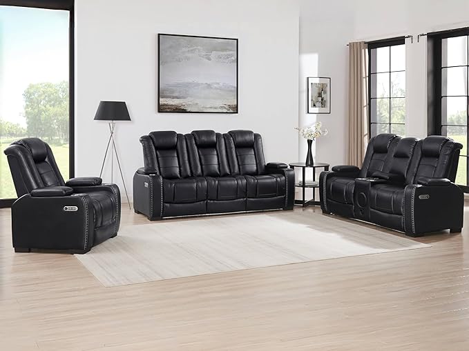 THSUPER Black Leather Power Recliner Sofa Couch with Arm Storage and Power Headrest, Leather Living Room Reclining Couch with Cup Holders and Wireless Charging. Black Sofa | Breathable material, LED ambient light, Reading light, Hidden outlet, USB and ...