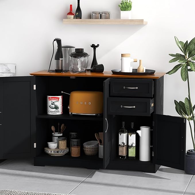 COSTWAY Buffet Cabinet with Storage, Farmhouse Sideboard Storage Cabinet with 3 Doors, 2 Drawers & Adjustable Shelf, Console Table, Coffee Bar Credenza Cabinet for Kitchen Cupboard Dining Room (Black)