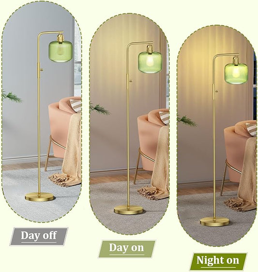 Glass Floor Lamp for Living Room, Modern Standing Lamp with Green Ribbed Glass Lampshade&Brushed Gold, Stepless Dimmable Rotary Switch, 66” Tall Lamp & Gold Floor Lamp for Bedroom Study Room