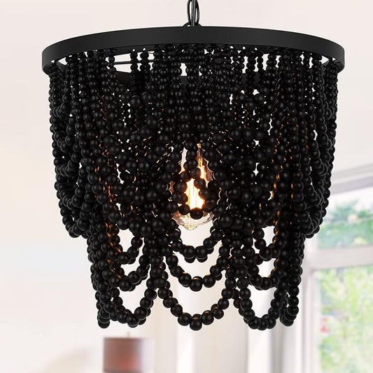 Boho Beaded Chandelier 15" Wood Bead Semi Flush Mounted Pendant Light Black Height Adjustable, 2 Tiers, Antique Rustic, for Living Room, Bedroom, Kitchen, Hallway, Passway