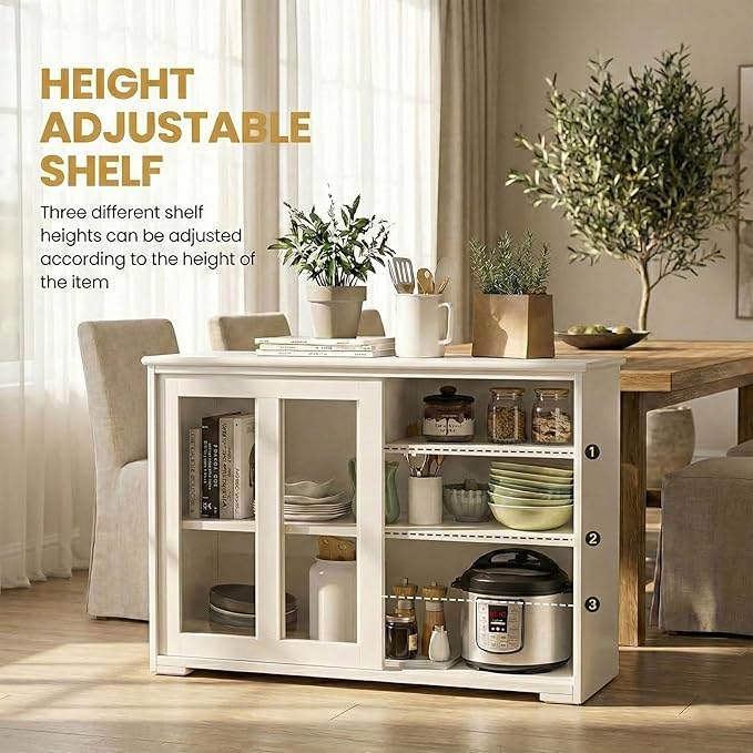 NAFORT Wooden Buffet Cabinet Sideboard with Sliding Doors, Kitchen Storage Console Table, Accent Coffee Bar with Adjustable Shelf for Living Room, Dining Room (White, 13" D x 42" W x 24.5" H)