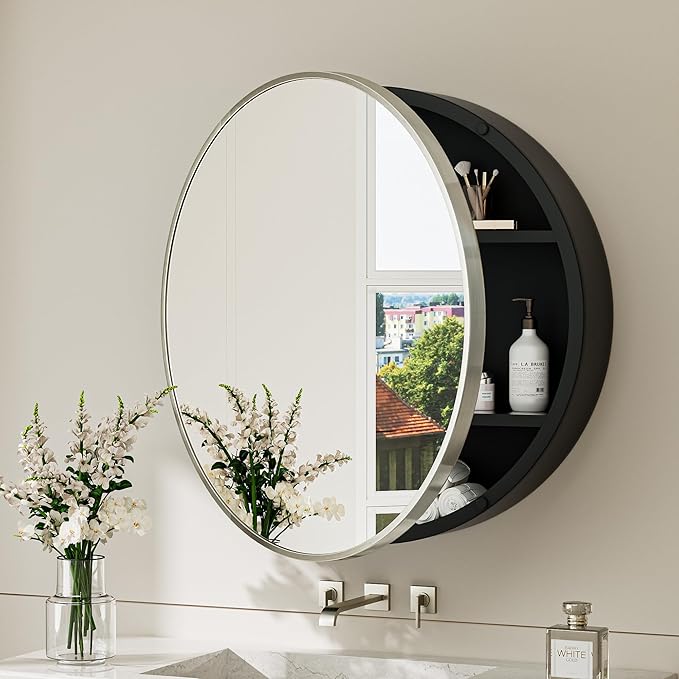 TokeShimi 26 x 26 Round Medicine Cabinet with Mirror, Brushed Nickel Circular Bathroom Medicine Cabinet with Stainless Steel Metal Frame, Detachable Shelves, Shatterproof, Wall Mounted Only