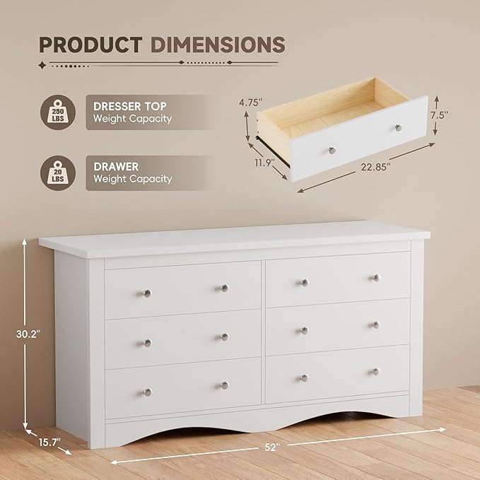 Furmax Dresser for Bedroom, 6 Wood Dresser, Chest of Drawers, for TV up to 65 inch, TV Stand Storage Chest of Drawers for Hallway Entryway (White)