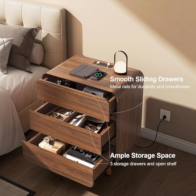 3 Drawer Dresser, Mid Century Modern Bedroom Dresser with Charger Station, Small Wooden Bed Side Table, Curved Beveled Design, Walnut