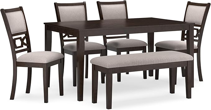 Signature Design by Ashley Langwest Classic Upholstered Dining Table and 4 Chairs and Bench, Set of 6, Dark Brown & Light Gray