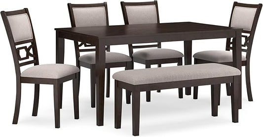 Signature Design by Ashley Langwest Classic Upholstered Dining Table and 4 Chairs and Bench, Set of 6, Dark Brown & Light Gray