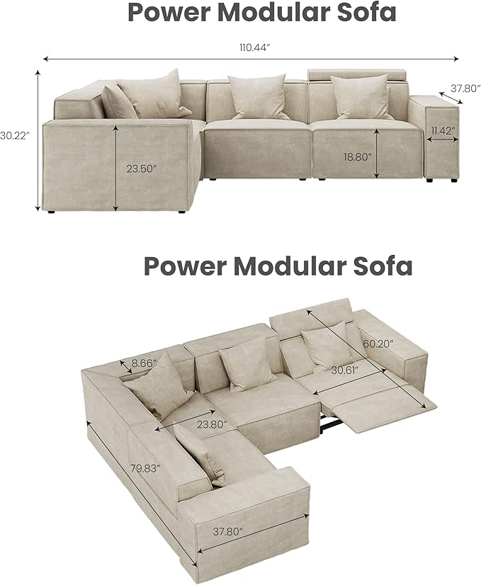 110" Power Sofa L-Shaped Couch,Modular Sectional Couches for Living Room,Modern Large Sofa with Recliners,Comfy Velvet Cloud Couch with Deep Seat,Pet Friendly for Home Office(Beige)