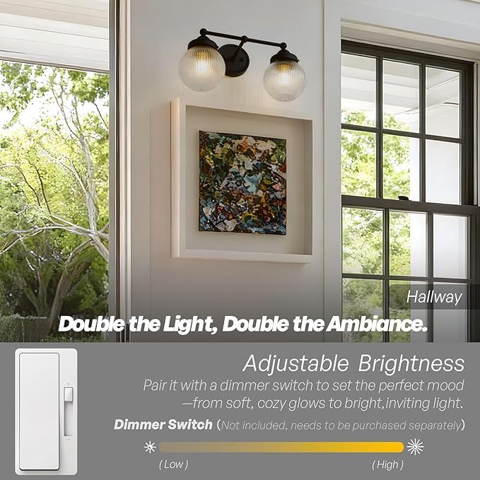 Vintage Double Arm Brass Wall Sconce Lighting, Clear Ribbed Glass 2-Lights Bathroom Vanity Light Fixture for Dining Room Bedroom Living Room Corridor