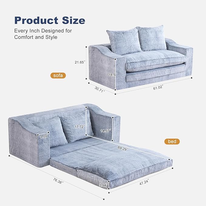 61" Convertible Sofa Bed Loveseat, Memory Foam Boneless Floor Couch with Removable Faux Fur Cover, Tri-folding Compact Full-size Sleeper for Small Living Room, Playroom, Guest Room, RV (White-on-Grey) | Convertible Sofa Bed, Premium Memory Foam, Ergono...