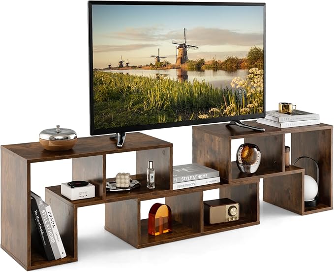 Tangkula 3 Pieces Console TV Stand, Free-Combination Entertainment Center for 50 55 60 65 Inch TV, Minimalist Modern Media Stand, DIY Open Storage Bookcase Shelf for Living Room (Brown)